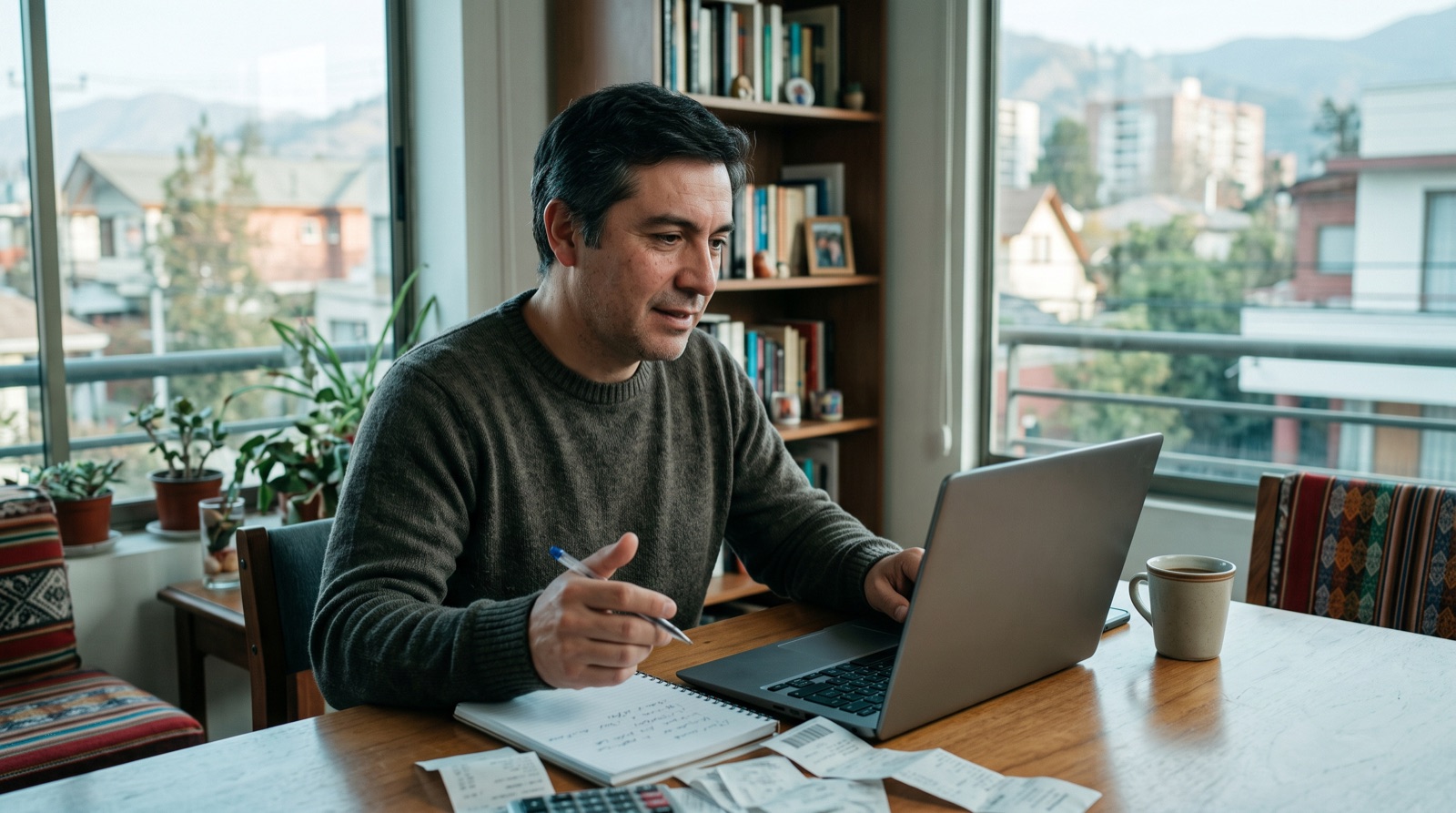 Un hombre ordenando los gastos del hogar en su escritorio junto a la ventana
