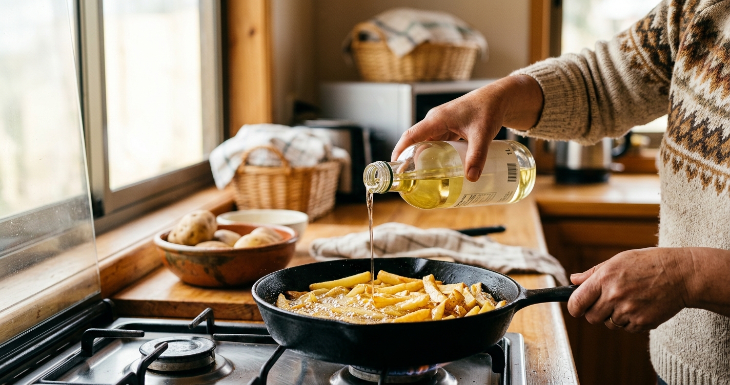 Primer plano de una mano adulta sirviendo aceite de una botella de 1 litro sobre una sartén de fierro con papas fritas, en una cocina de casa