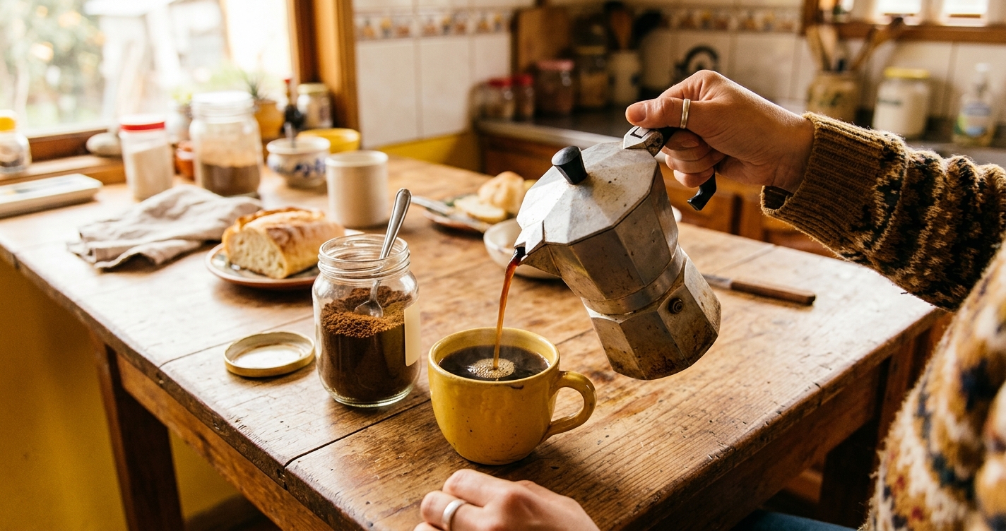 Mano sirviendo café desde una cafetera moka en una taza amarilla, junto a un frasco de café instantáneo sobre una mesa de madera de cocina
