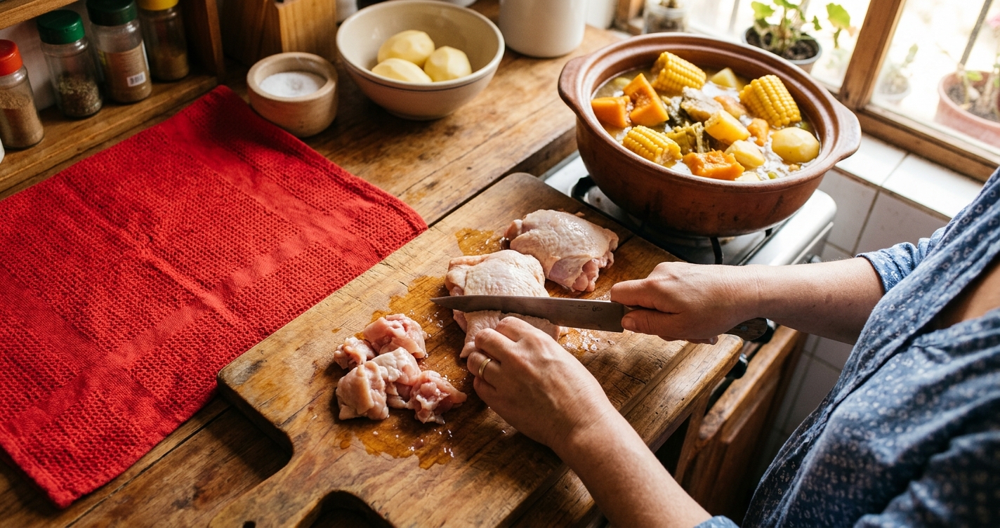 Mujer trozando presas de pollo crudo sobre una tabla de madera, al lado de una olla de greda con cazuela de choclo, zapallo y papas, en una cocina con un paño rojo