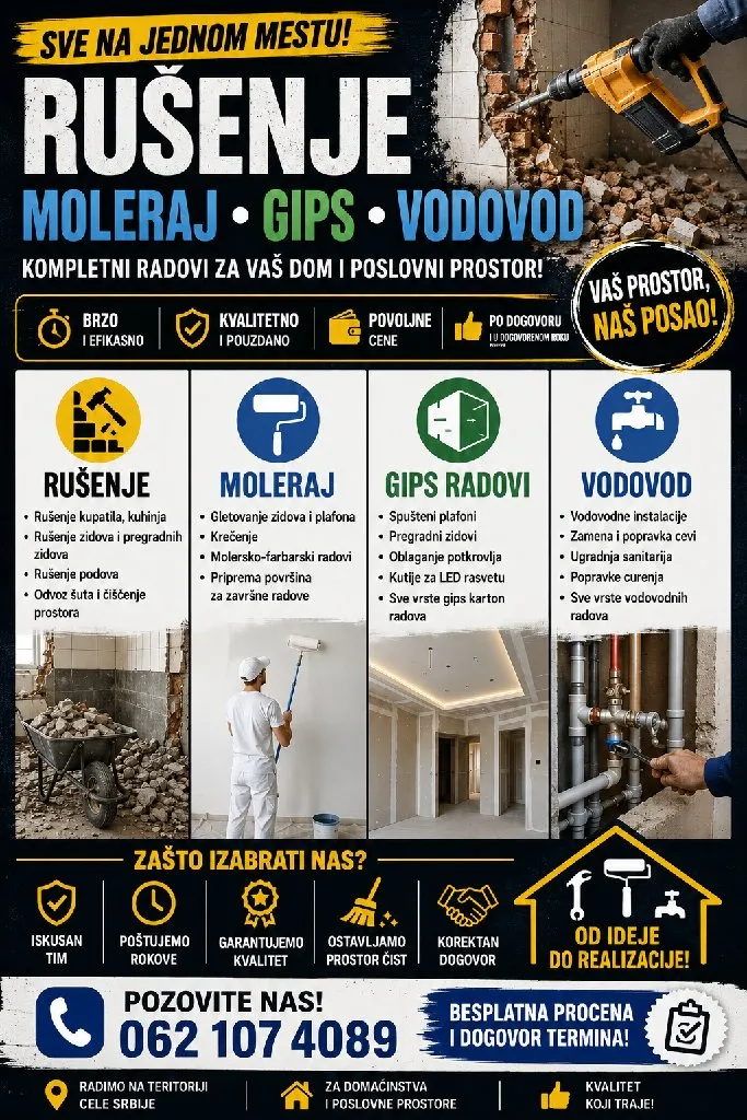 Vodoistalater,moleraj,rusenje,gips