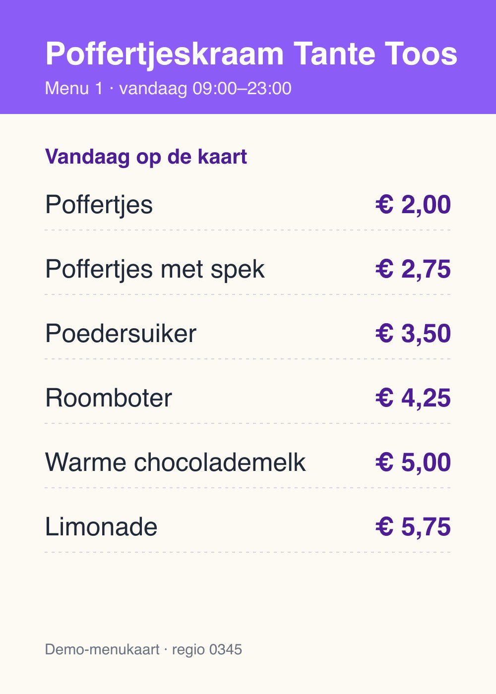 Menu - Poffertjeskraam Tante Toos - Foto 1