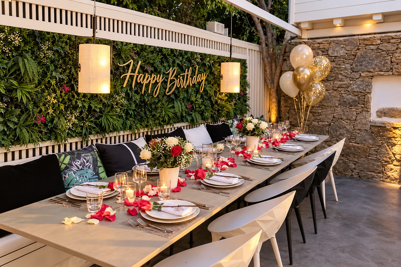 La terrasse de Krama le soir, tables dressées au-dessus des toits de Mykonos Ville, avec la piscine éclairée à côté