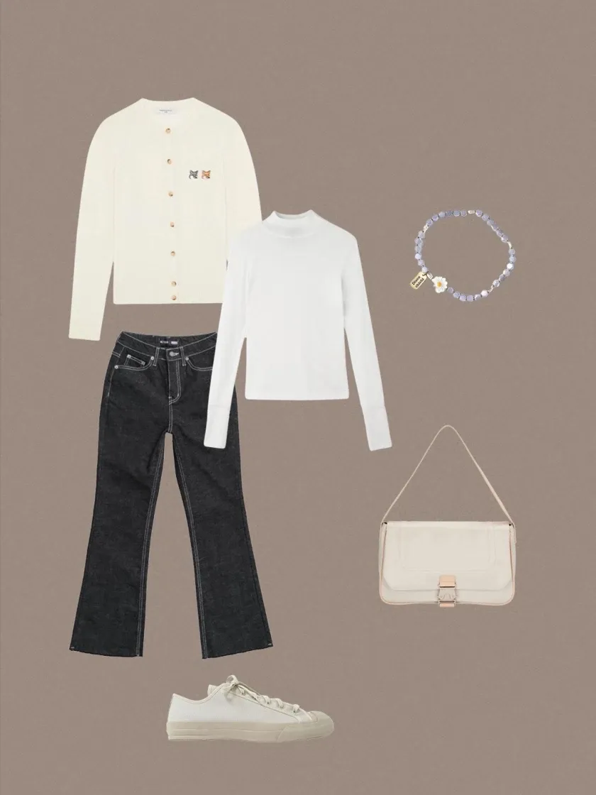 메종 키츠네 더블 폭스 헤드 패치 라운드넥 가디건 에크루 thumbnail 2