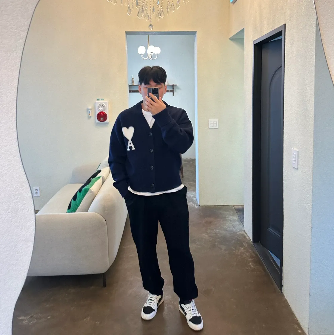 아미 빅 하트 로고 오버사이즈 인타르시아 가디건 노틱 블루 화이트 thumbnail 2