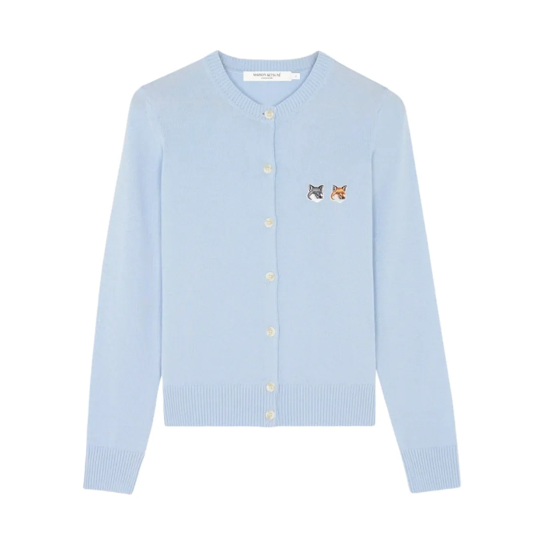 메종 키츠네 더블 폭스 헤드 패치 라운드넥 가디건 페일 블루