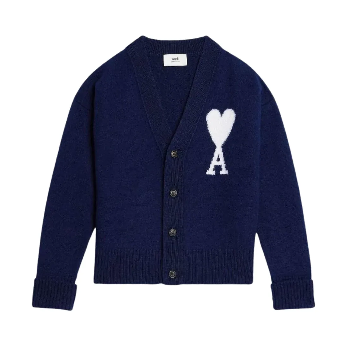 아미 빅 하트 로고 오버사이즈 인타르시아 가디건 노틱 블루 화이트