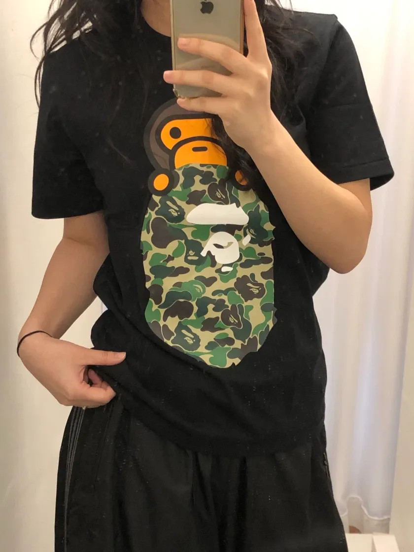 베이프 ABC 카모 마일로 온 에이프 헤드 롱슬리브 티셔츠 블랙 그린 thumbnail 2