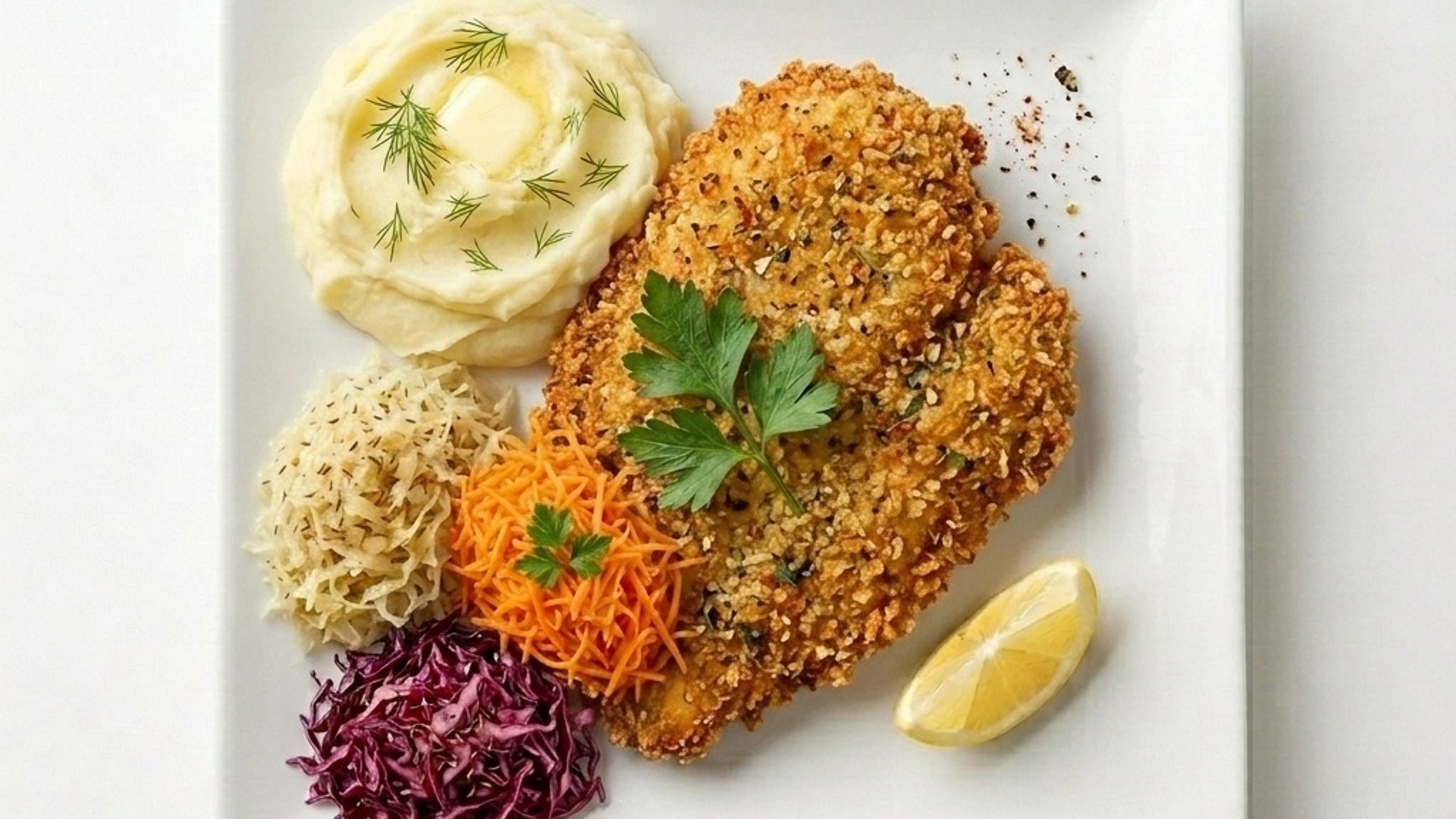 Panierowany filet z kurczaka, ziemniaki, surówki