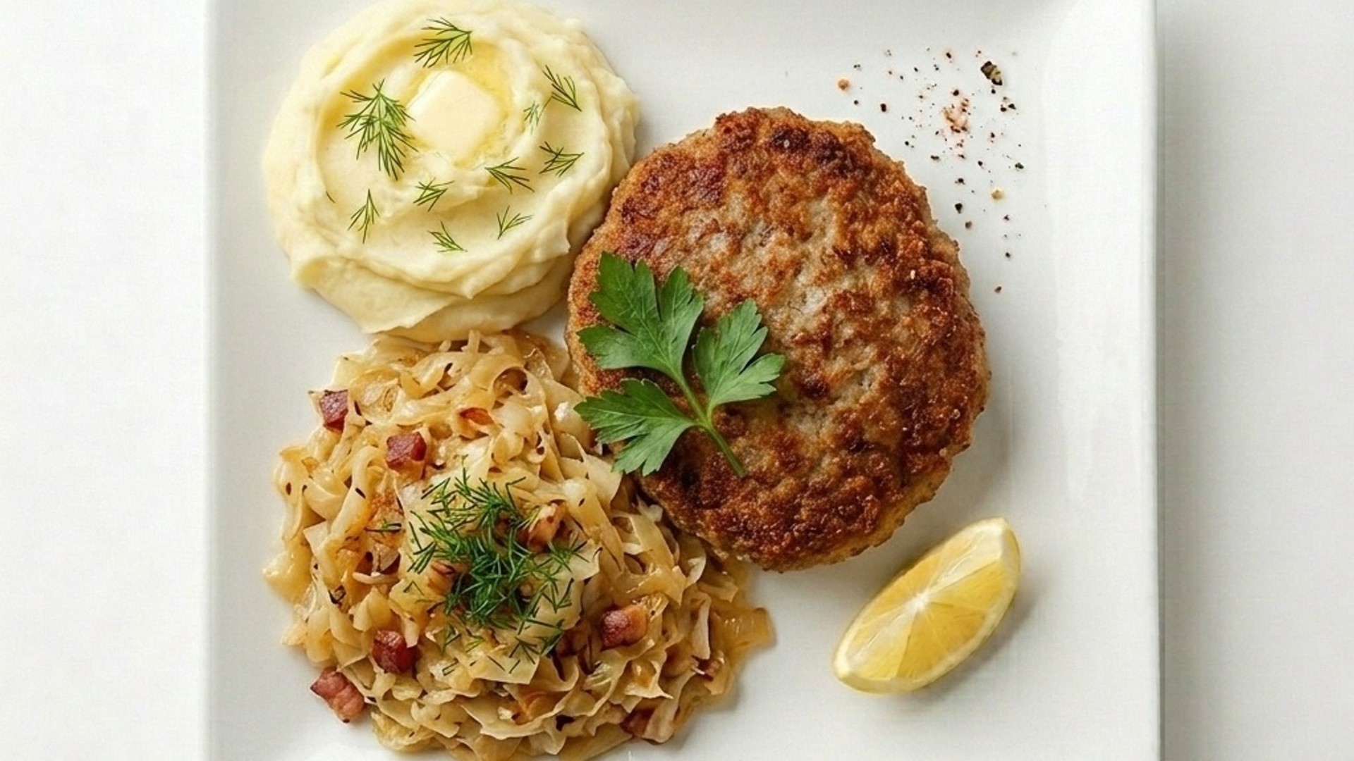 Kotlet mielony, ziemniaki, kapusta zasmażana