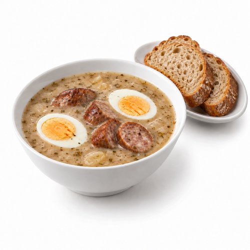 Żurek z jajkiem, kiełbasą i chlebem
