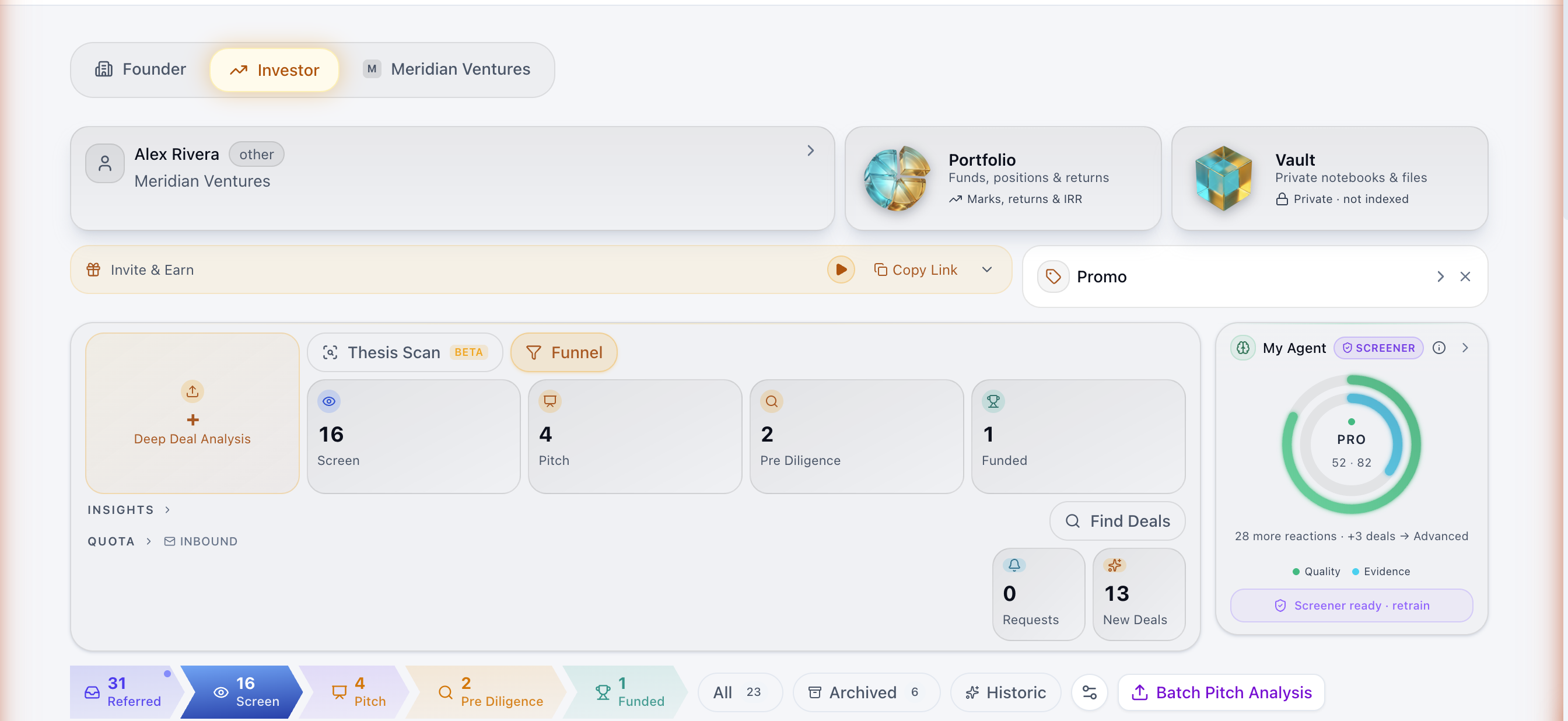 The KRTR investor dashboard — funnel stages from screen to funded, your trained agent, portfolio, and deal vault