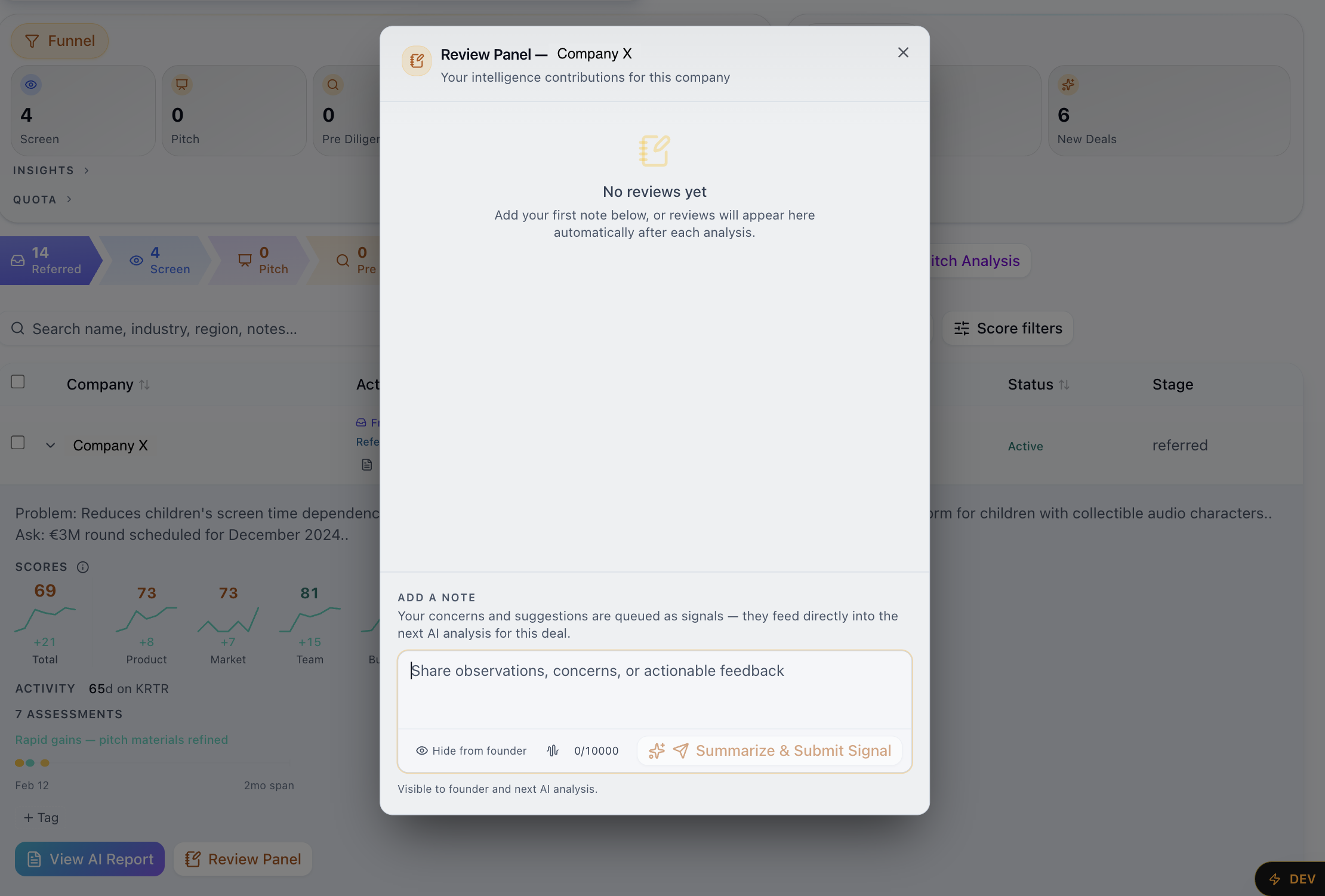 KRTR Review Panel modal — Add a Note field and Summarize & Submit Signal button.