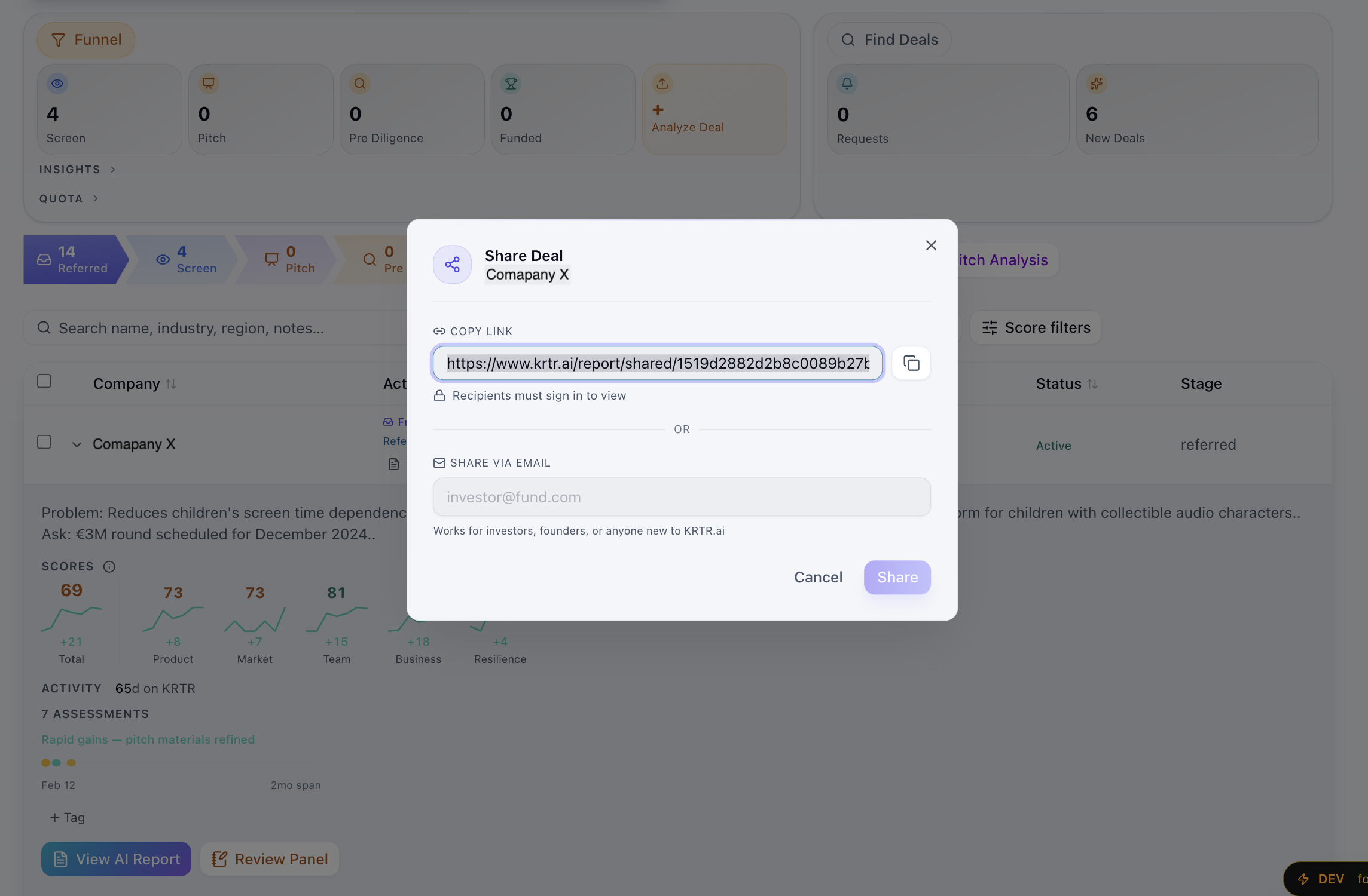 KRTR Share Deal modal — copy link, email the founder, or share with anyone.