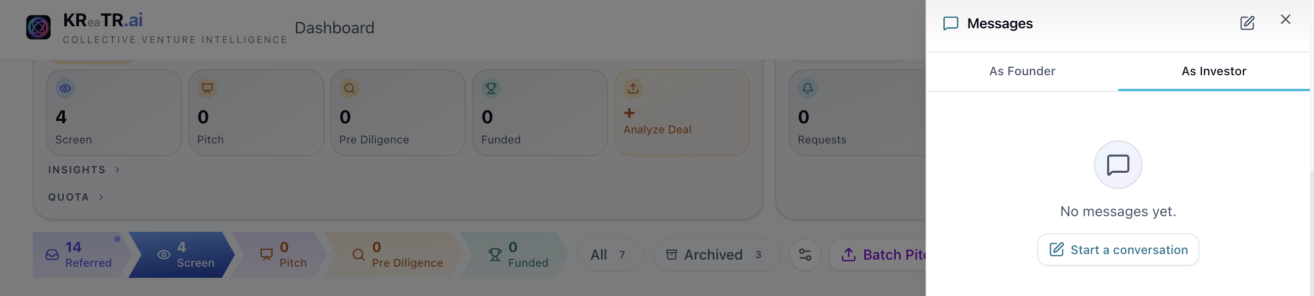 KRTR messaging hub — As Founder / As Investor tabs with ongoing conversations.