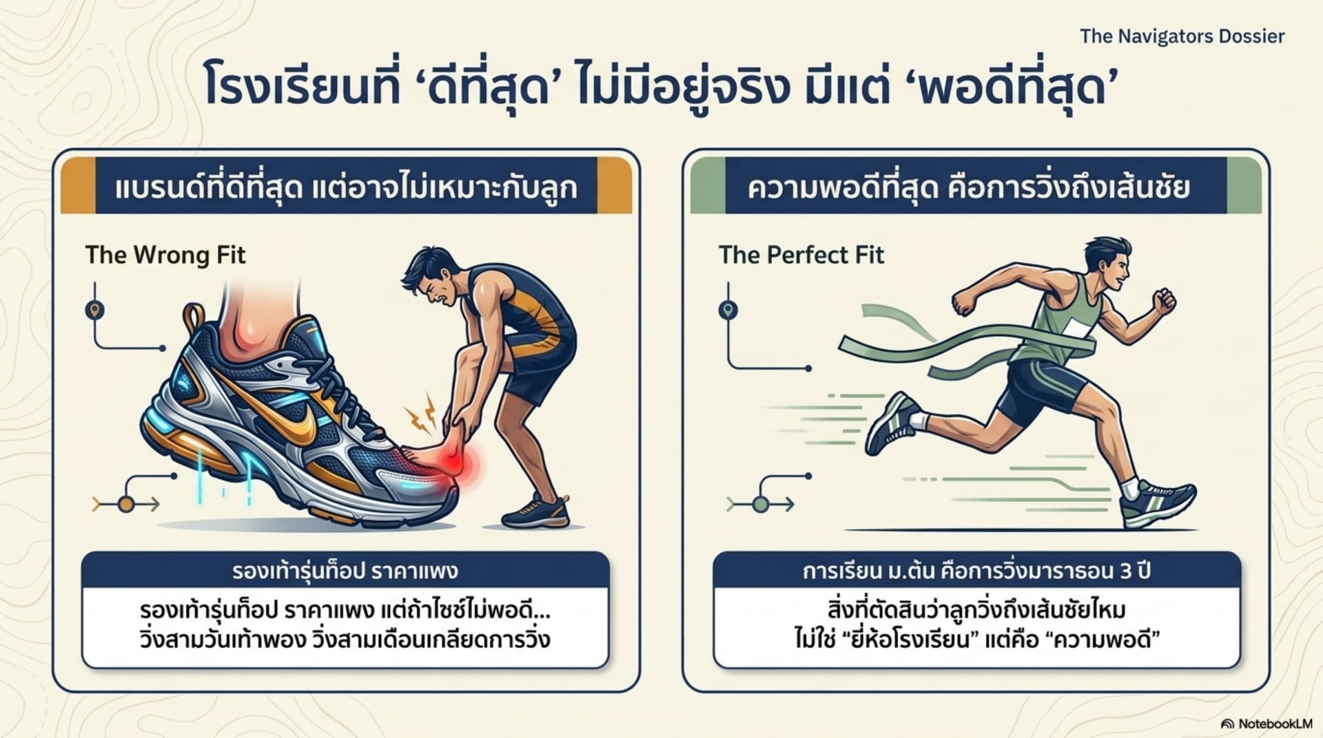 โรงเรียนที่ดีที่สุดไม่มีอยู่จริง มีแต่พอดีที่สุด — เปรียบเทียบรองเท้าวิ่งที่ไม่พอดีกับความพอดีที่พาวิ่งถึงเส้นชัย