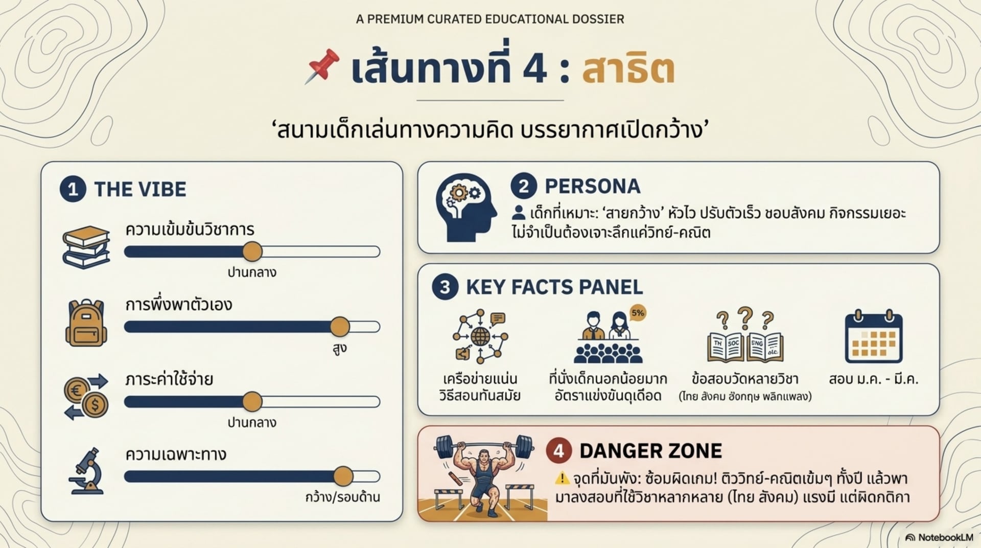 สรุปเส้นทางที่ 4 สาธิต — สนามเด็กเล่นทางความคิด ข้อสอบหลายวิชาแนวพลิกแพลง ที่นั่งเด็กนอกน้อย แข่งขันสูง