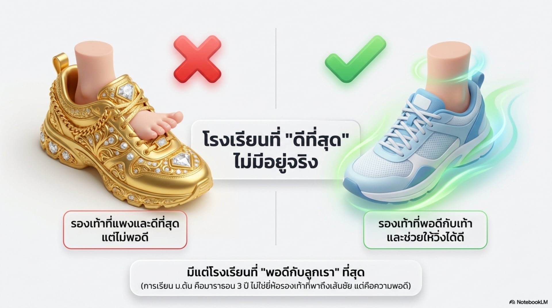 โรงเรียนที่ดีที่สุดไม่มีอยู่จริง — รองเท้าทองประดับเพชรที่ไม่พอดีเท้า เทียบกับรองเท้าธรรมดาที่พอดีและช่วยให้วิ่งได้ดี