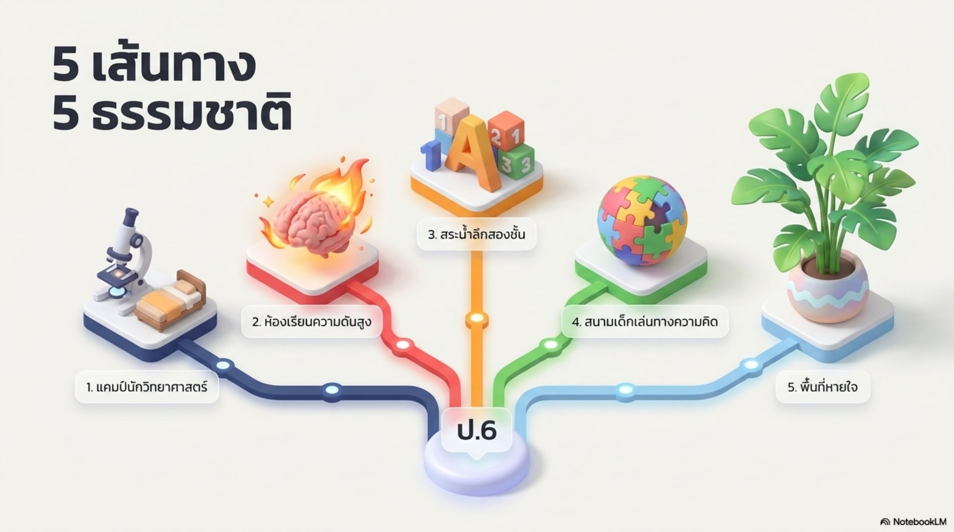 5 เส้นทาง 5 ธรรมชาติ สู่ ม.1 — แคมป์นักวิทยาศาสตร์ ห้องเรียนความดันสูง สระน้ำลึกสองชั้น สนามเด็กเล่นทางความคิด และพื้นที่หายใจ