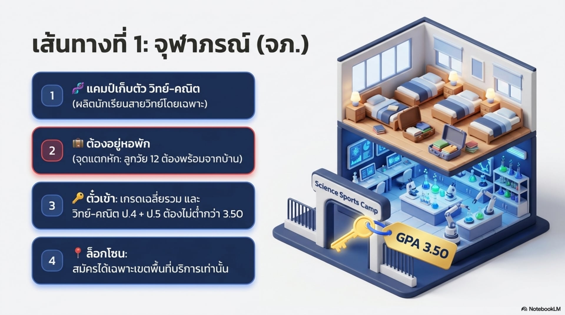 เส้นทางที่ 1 จุฬาภรณ์ — แคมป์เก็บตัววิทย์-คณิต ต้องอยู่หอพัก ตั๋วเข้าคือเกรดเฉลี่ย ป.4+ป.5 ไม่ต่ำกว่า 3.50 ล็อกโซนเฉพาะเขตพื้นที่บริการ
