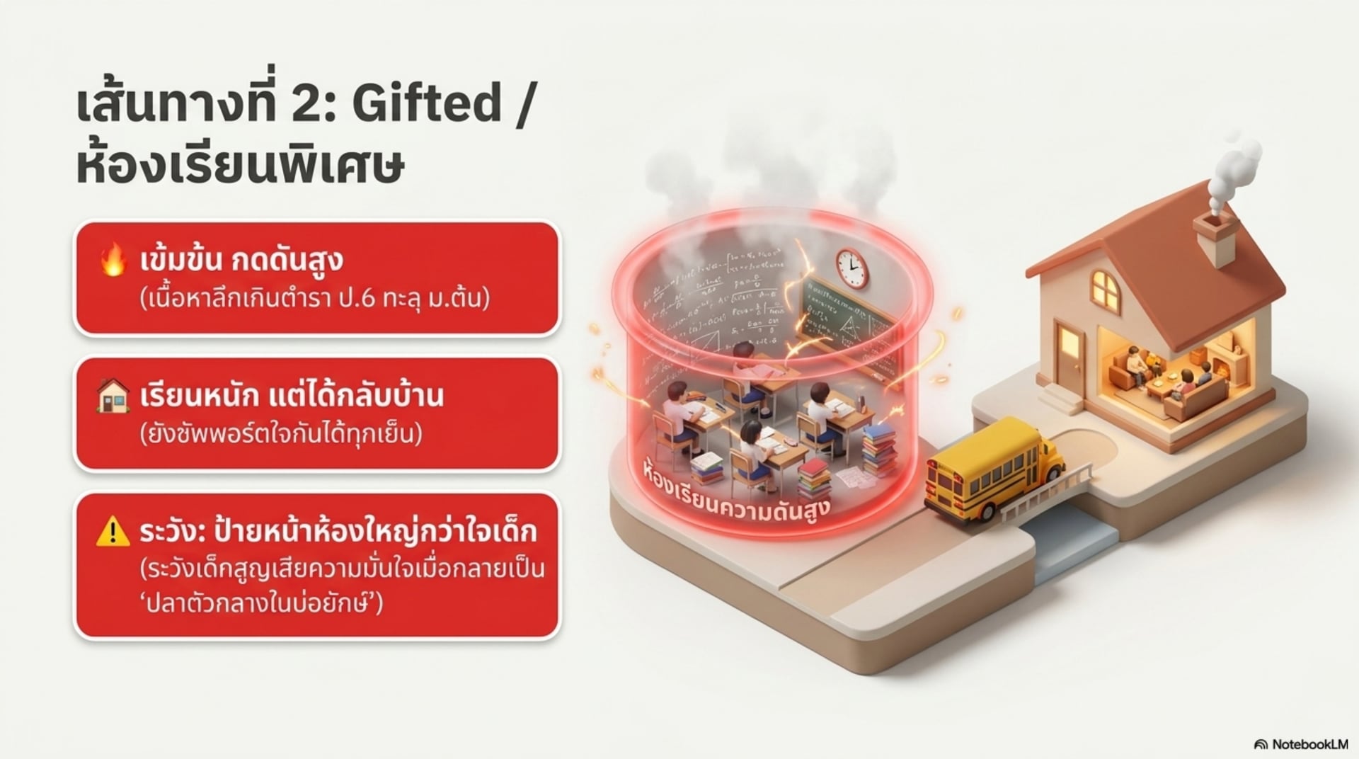 เส้นทางที่ 2 Gifted/ห้องเรียนพิเศษ — เข้มข้นกดดันสูง เนื้อหาลึกเกินตำรา ป.6 แต่เรียนหนักแล้วยังได้กลับบ้าน ระวังป้ายหน้าห้องใหญ่กว่าใจเด็ก