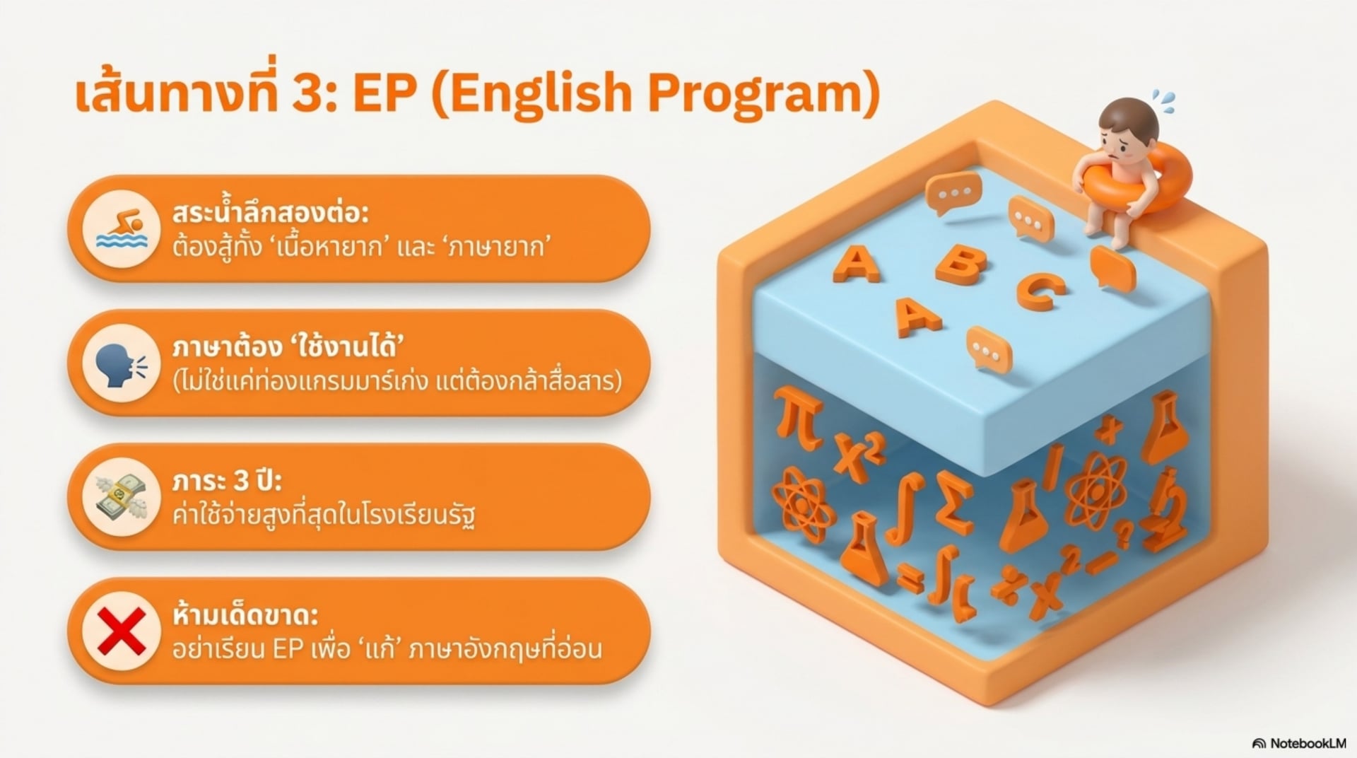 เส้นทางที่ 3 EP — สระน้ำลึกสองต่อ ต้องสู้ทั้งเนื้อหายากและภาษายาก ภาษาต้องใช้งานได้จริง ค่าใช้จ่ายสูงที่สุดในโรงเรียนรัฐ ห้ามเรียนเพื่อแก้ภาษาอ่อน