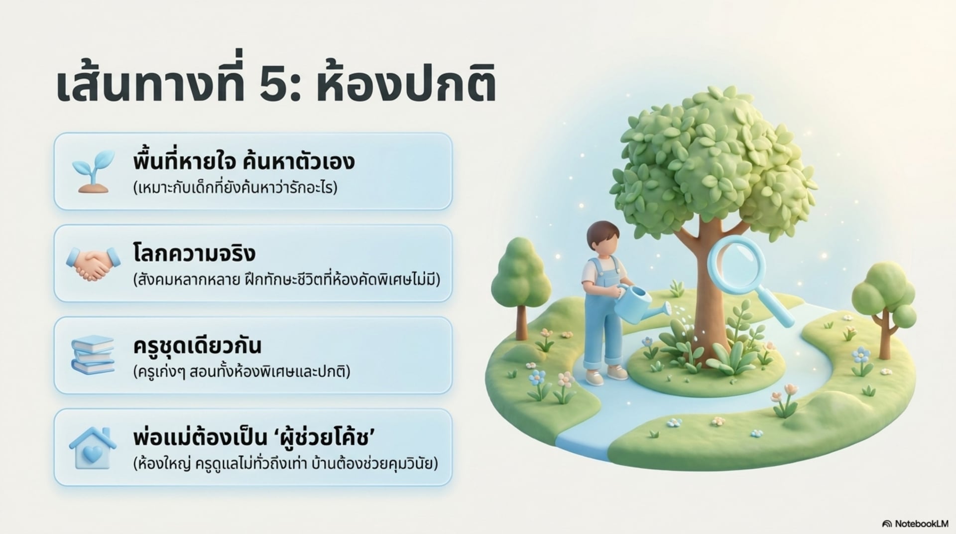 เส้นทางที่ 5 ห้องปกติ — พื้นที่หายใจค้นหาตัวเอง สังคมหลากหลายแบบโลกความจริง ครูชุดเดียวกับห้องพิเศษ ค่าใช้จ่ายต่ำที่สุด พ่อแม่ต้องเป็นผู้ช่วยโค้ช
