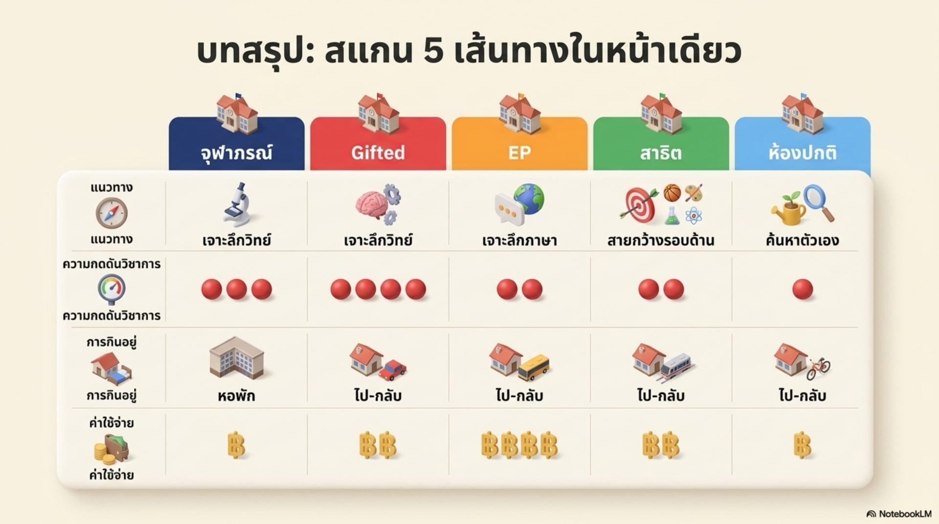 บทสรุป สแกน 5 เส้นทางในหน้าเดียว — เปรียบเทียบแนวทาง ความกดดันวิชาการ การกินอยู่ และค่าใช้จ่ายของจุฬาภรณ์ Gifted EP สาธิต ห้องปกติ