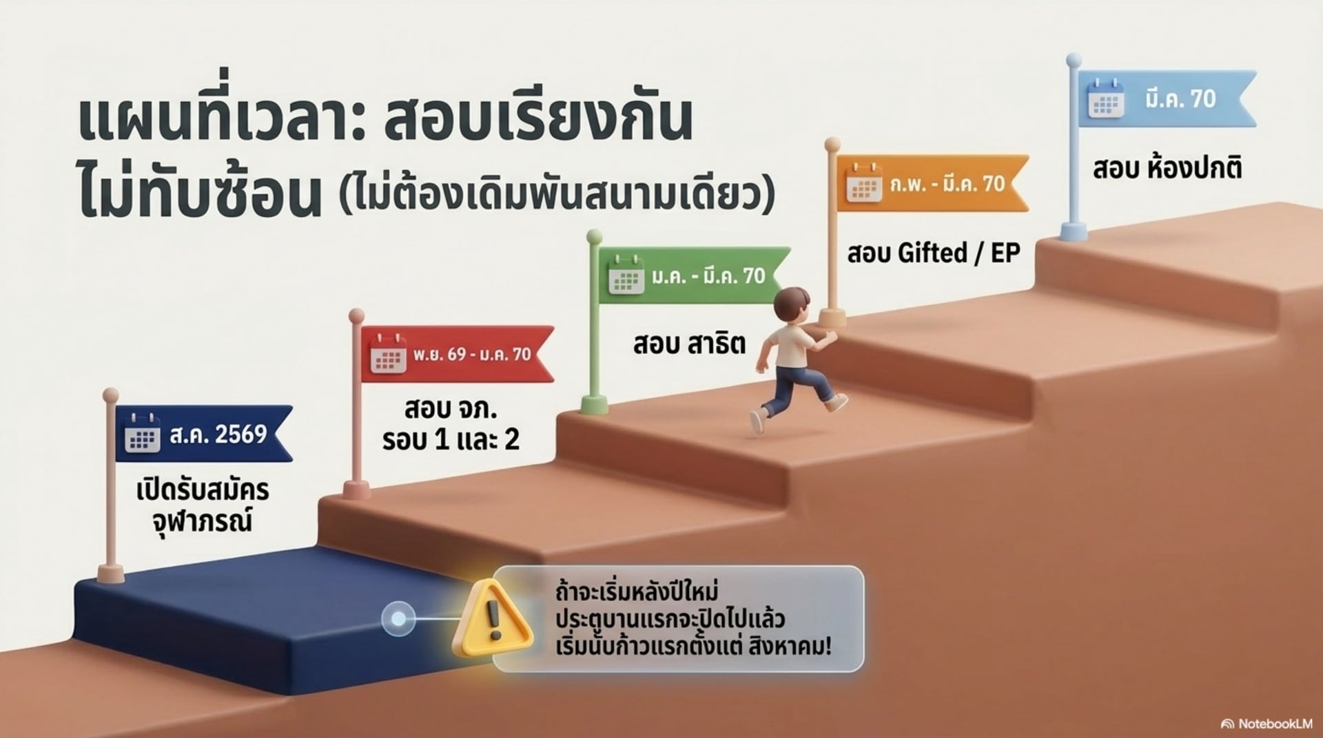 แผนที่เวลาสอบเรียงกันไม่ทับซ้อน — บันไดจากสิงหาคม 2569 เปิดรับสมัครจุฬาภรณ์ ถึงมีนาคม 2570 สอบห้องปกติ ไม่ต้องเดิมพันสนามเดียว