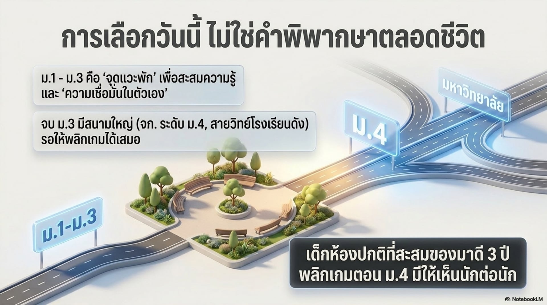 การเลือกวันนี้ไม่ใช่คำพิพากษาตลอดชีวิต — ม.1-ม.3 คือจุดแวะพักสะสมความรู้และความเชื่อมั่นในตัวเอง จบ ม.3 มีสนามใหญ่รอให้พลิกเกมเสมอ