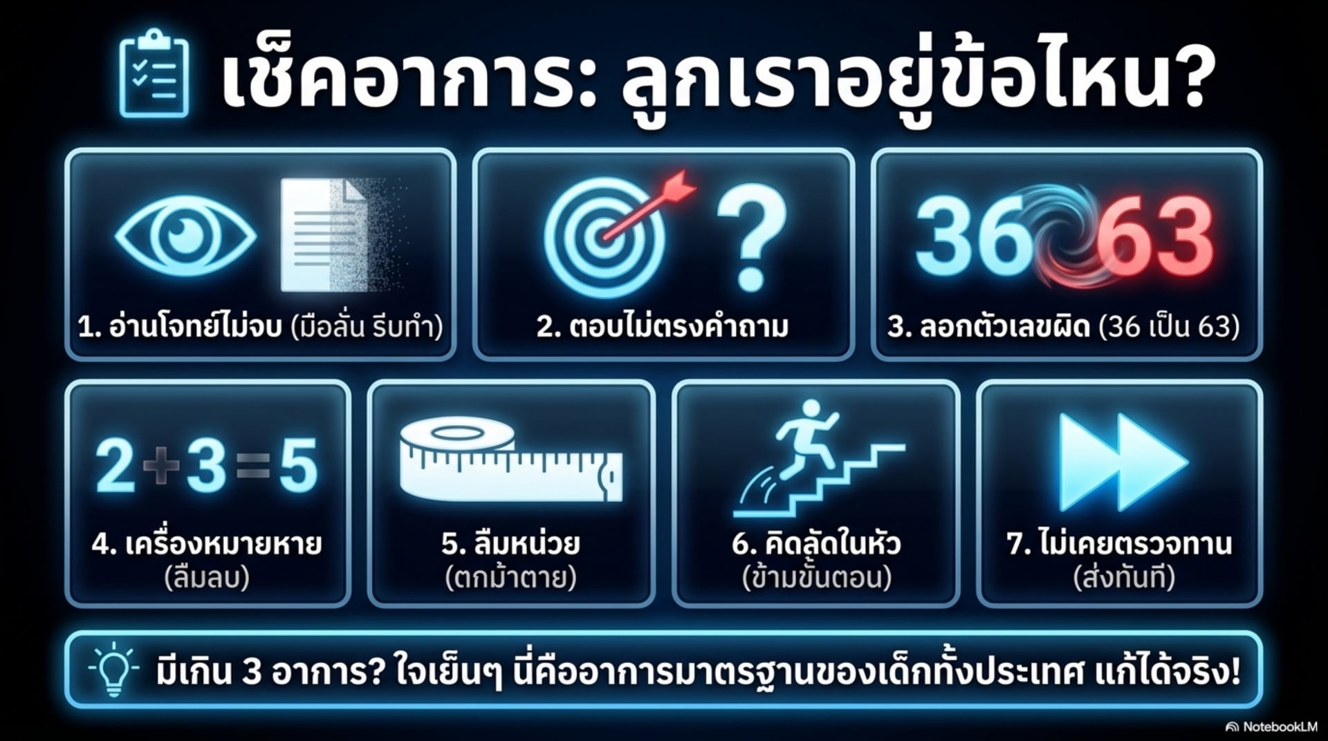 เช็คอาการ 7 ข้อของโรคสะเพร่า — อ่านโจทย์ไม่จบ ตอบไม่ตรงคำถาม ลอกตัวเลขผิด เครื่องหมายหาย ลืมหน่วย คิดลัดข้ามขั้นตอน ไม่เคยตรวจทาน มีเกิน 3 ข้อคืออาการมาตรฐานของเด็กทั้งประเทศ แก้ได้จริง