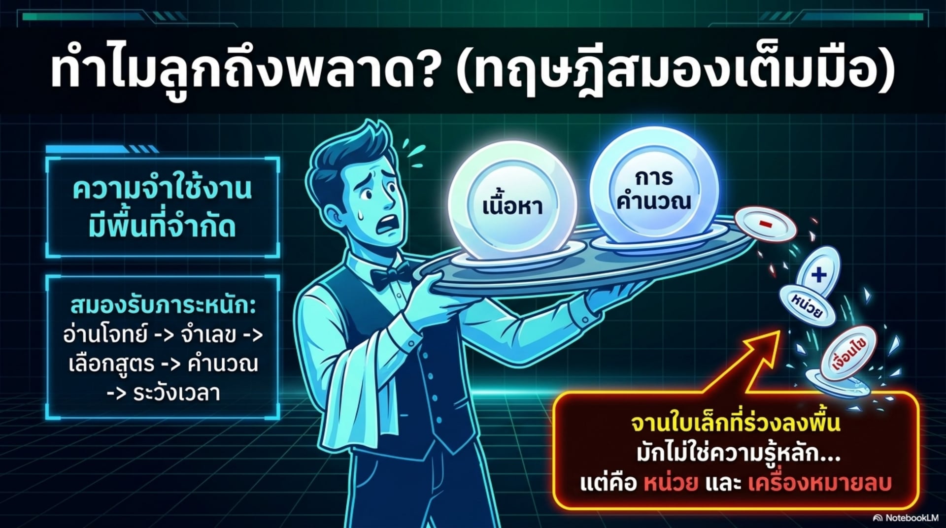 ทำไมลูกถึงพลาด ทฤษฎีสมองเต็มมือ — พนักงานเสิร์ฟถือจานเนื้อหาและการคำนวณ จานใบเล็กที่ร่วงลงพื้นมักไม่ใช่ความรู้หลัก แต่คือหน่วยและเครื่องหมายลบ