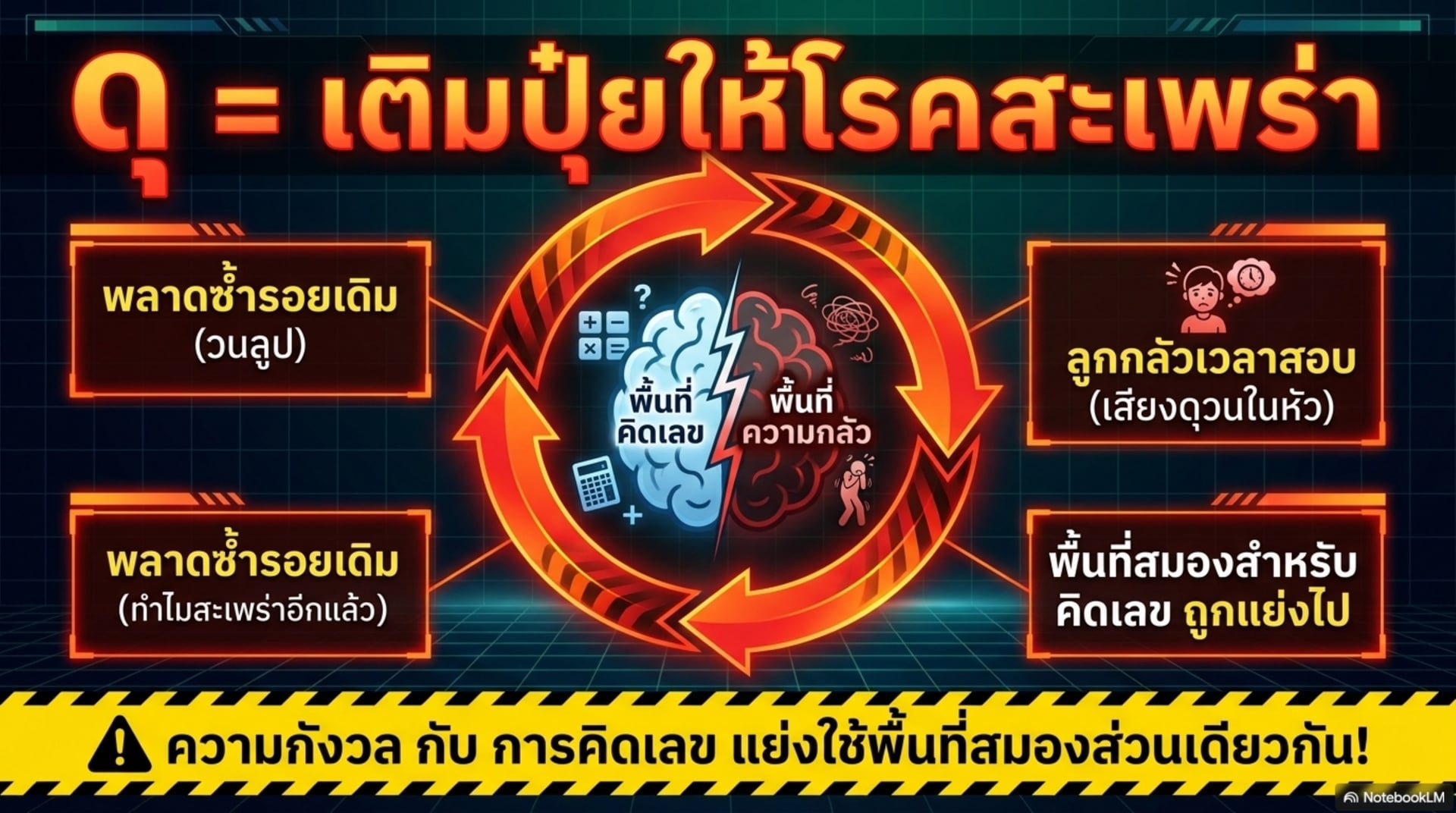 ดุ เท่ากับ เติมปุ๋ยให้โรคสะเพร่า — วงจร พลาดซ้ำรอยเดิม ลูกกลัวเวลาสอบ พื้นที่สมองสำหรับคิดเลขถูกแย่งไป ความกังวลกับการคิดเลขแย่งใช้พื้นที่สมองส่วนเดียวกัน