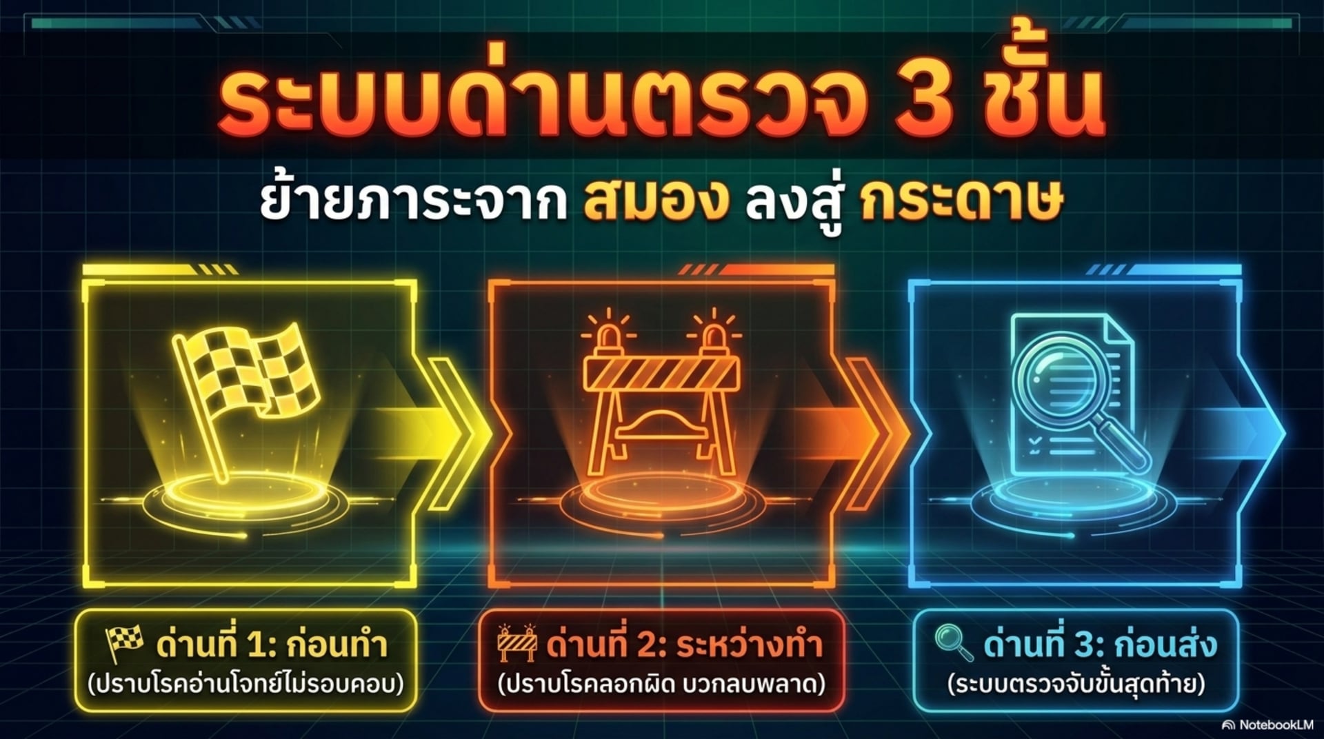 ระบบด่านตรวจ 3 ชั้น ย้ายภาระจากสมองลงสู่กระดาษ — ด่านที่ 1 ก่อนทำ ด่านที่ 2 ระหว่างทำ ด่านที่ 3 ก่อนส่ง