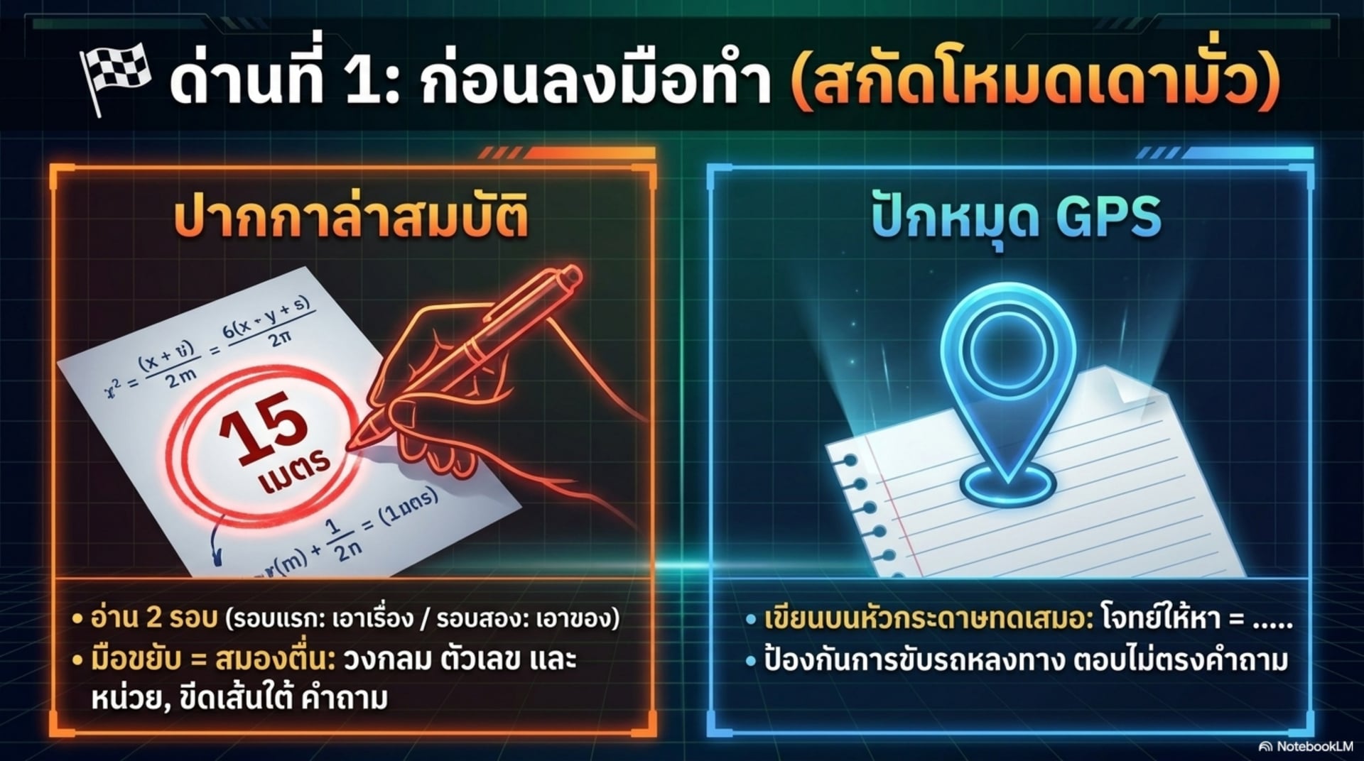ด่านที่ 1 ก่อนลงมือทำ สกัดโหมดเดามั่ว — ปากกาล่าสมบัติ อ่าน 2 รอบ วงกลมตัวเลขและหน่วย ขีดเส้นใต้คำถาม กับปักหมุด GPS เขียนโจทย์ให้หาไว้หัวกระดาษทดเสมอ