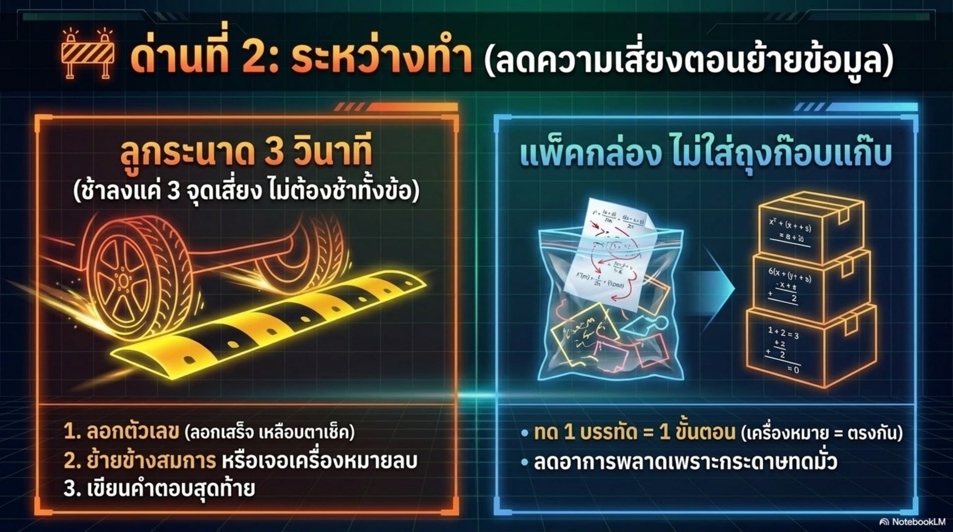 ด่านที่ 2 ระหว่างทำ ลดความเสี่ยงตอนย้ายข้อมูล — ลูกระนาด 3 วินาทีเฉพาะ 3 จุดเสี่ยง กับแพ็คกล่องไม่ใส่ถุงก๊อบแก๊บ ทด 1 บรรทัด 1 ขั้นตอน เครื่องหมายตรงกัน