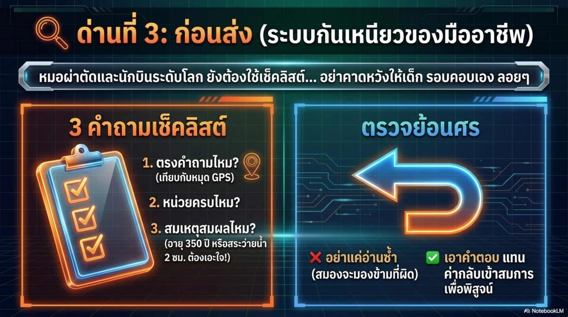 ด่านที่ 3 ก่อนส่ง ระบบกันเหนียวของมืออาชีพ — 3 คำถามเช็คลิสต์ ตรงคำถามไหม หน่วยครบไหม สมเหตุสมผลไหม กับตรวจย้อนศร แทนค่าคำตอบกลับเข้าสมการเพื่อพิสูจน์ อย่าแค่อ่านซ้ำ