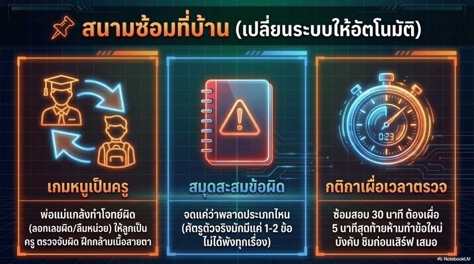 สนามซ้อมที่บ้าน เปลี่ยนระบบให้อัตโนมัติ — เกมหนูเป็นครู สมุดสะสมข้อผิด กติกาเผื่อเวลาตรวจ ซ้อมสอบ 30 นาทีเผื่อ 5 นาทีสุดท้ายห้ามทำข้อใหม่