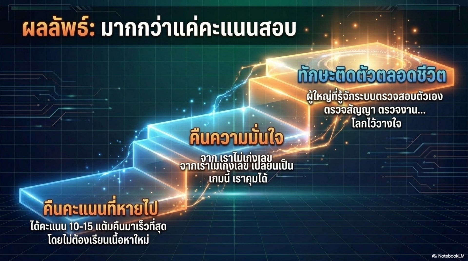 ผลลัพธ์มากกว่าแค่คะแนนสอบ — คืนคะแนนที่หายไป 10-15 แต้มเร็วที่สุดโดยไม่ต้องเรียนเนื้อหาใหม่ คืนความมั่นใจจากไม่เก่งเลขเป็นเกมนี้เราคุมได้ ทักษะติดตัวตลอดชีวิตที่โลกไว้วางใจ