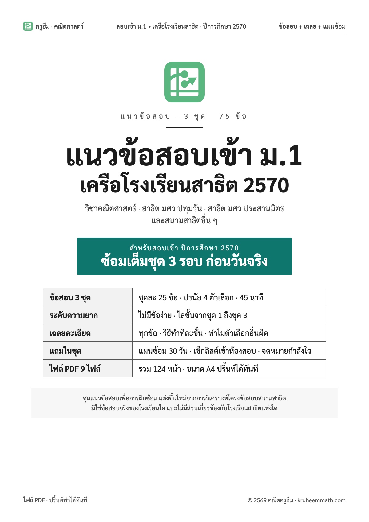 แนวข้อสอบเข้า ม.1 สาธิต ปี 2570 · คณิตศาสตร์ 3 ชุด พร้อมเฉลยละเอียด + แผนซ้อม 30 วัน