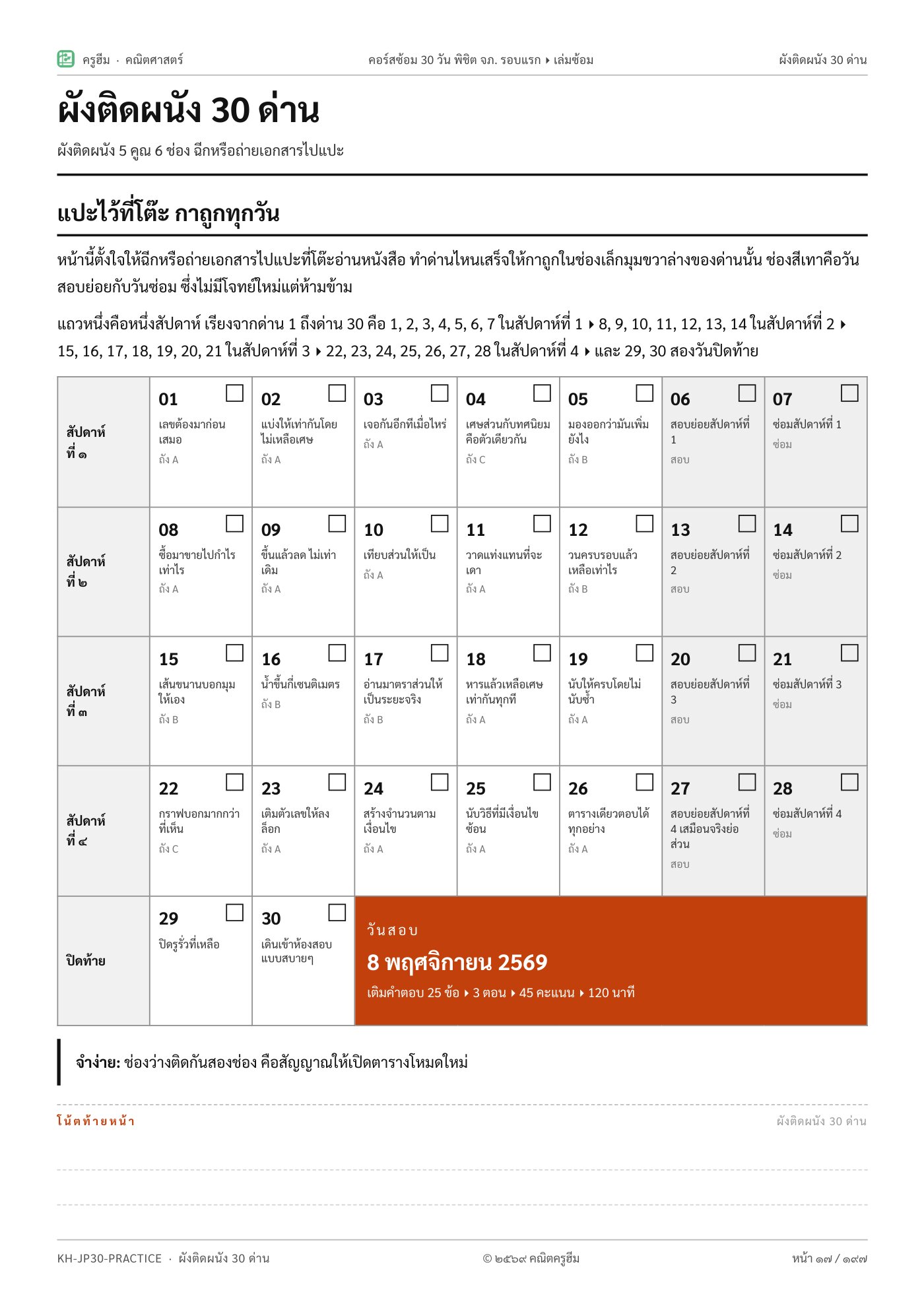 ผังติดผนัง 30 ด่าน พิมพ์แปะโต๊ะ ทำเสร็จวันไหนกาช่องนั้น