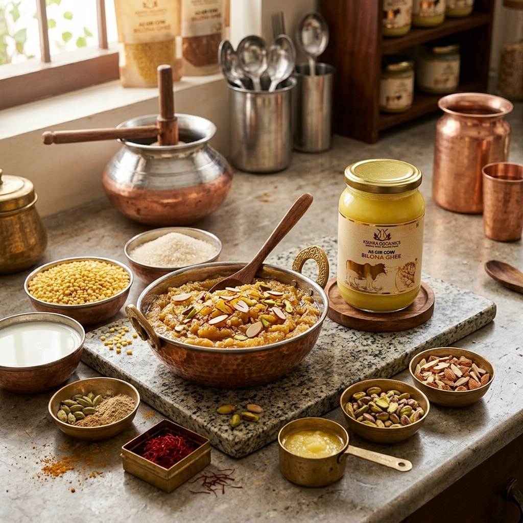 Moong Dal Halwa with Kshira Organics A2 Gir Cow Bilona Ghee