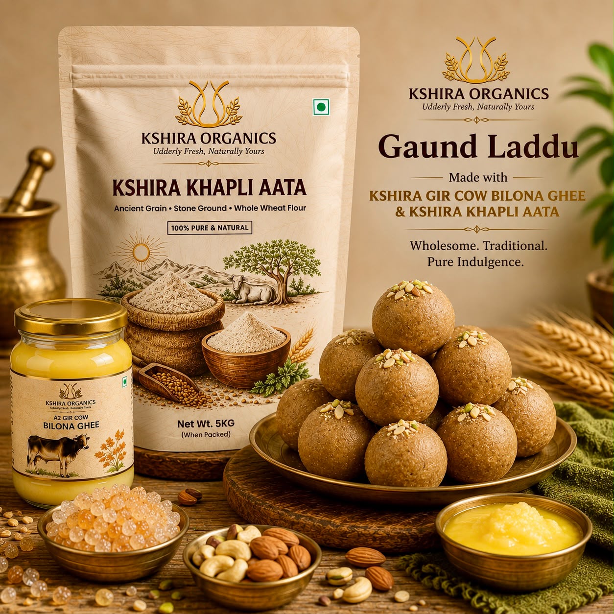 Rich & Nutritious Gond Ke Laddu Recipe with Kshira Organics Gir Cow Bilona Ghee & Khapli Atta