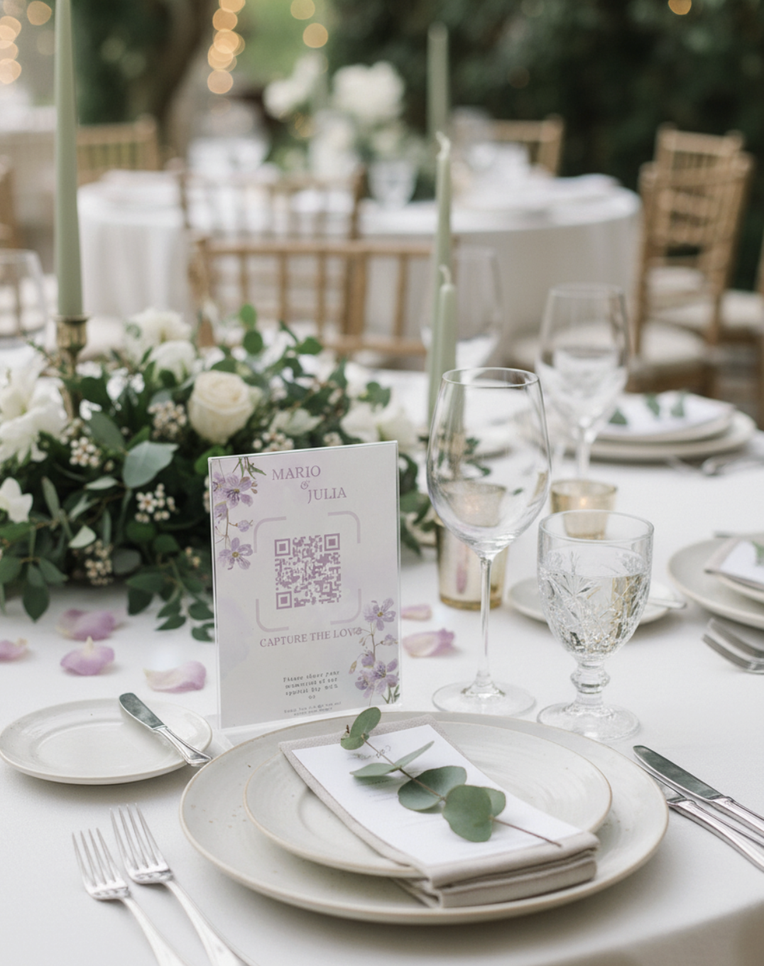 A beautifully set event table with place cards, perfect for a QR code stand.