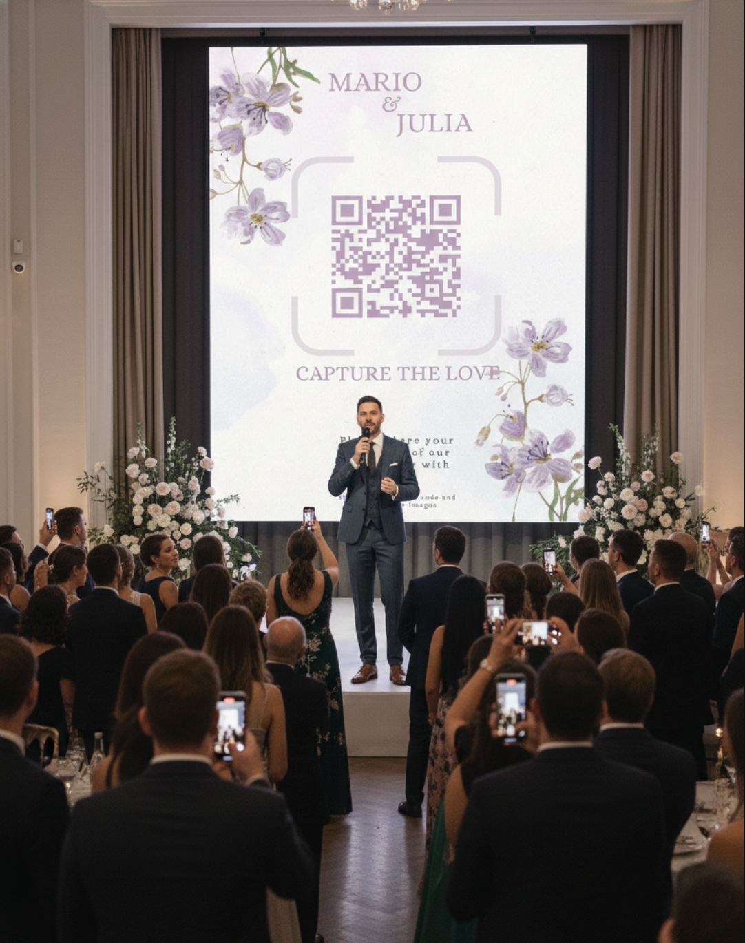 An event host with a microphone making an announcement to guests.