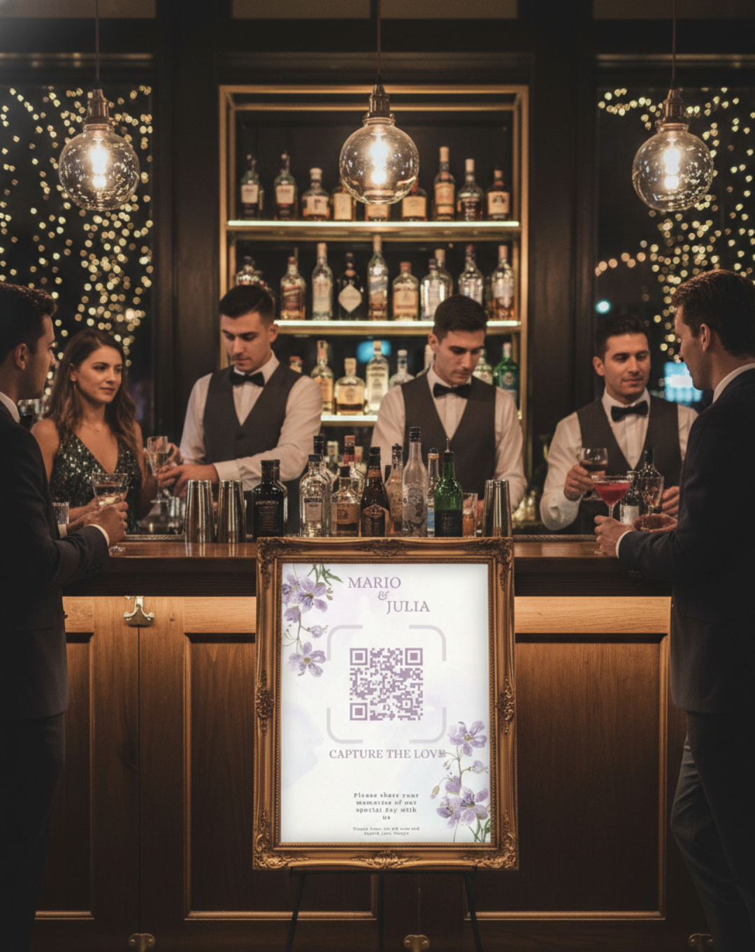 A stylishly decorated event bar where guests gather, an ideal spot for a large QR code sign.