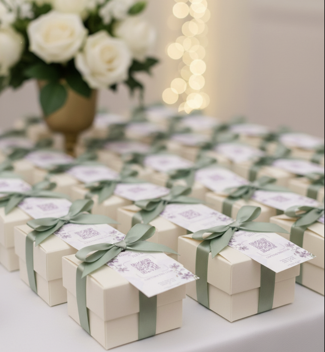 Elegantly wrapped wedding favors on a table for guests to take as they leave.