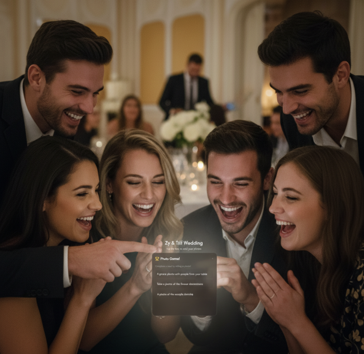 Guests laughing and looking at a smartphone during an event, participating in a photo game.