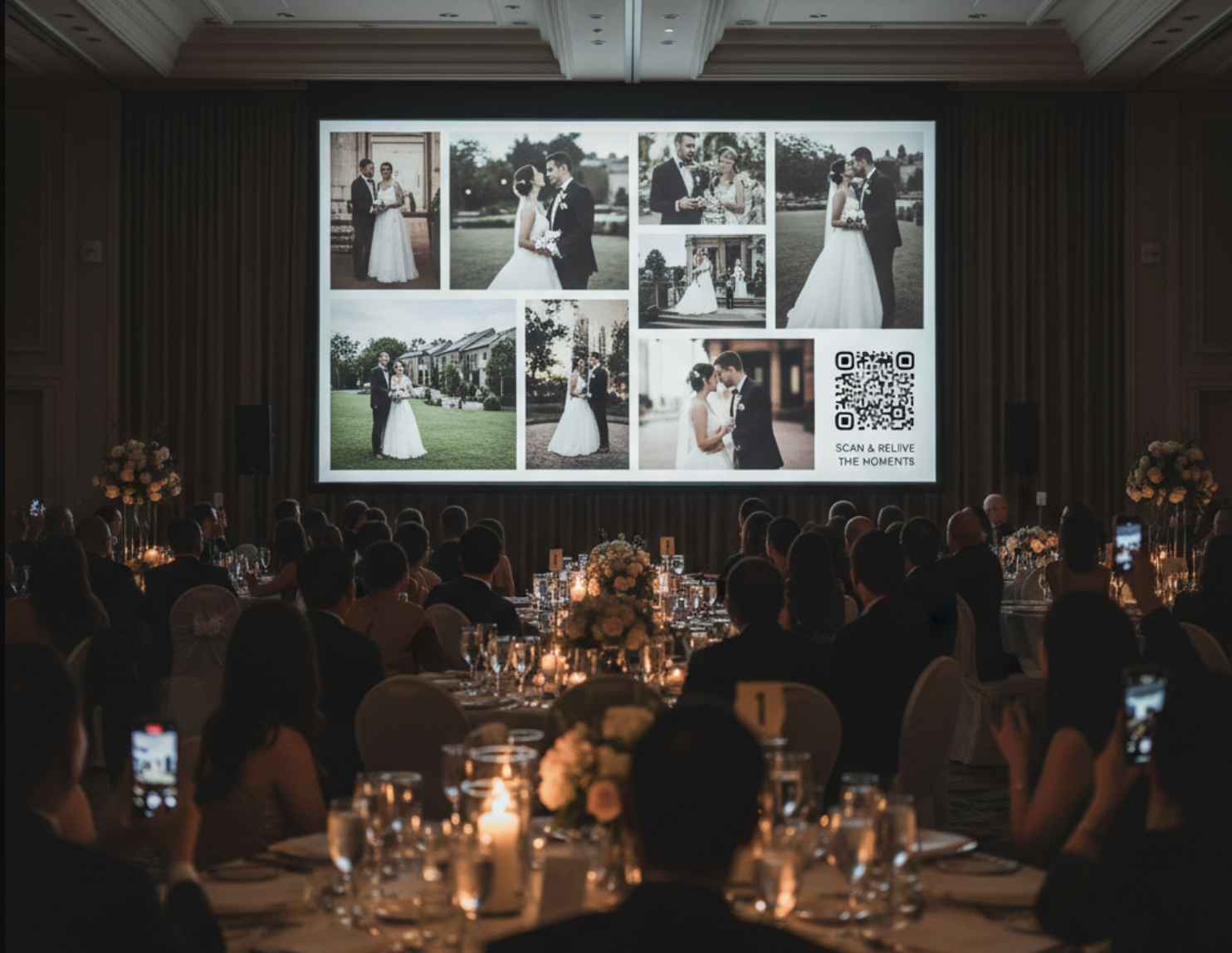 A large projector screen displaying a slideshow at a wedding reception.