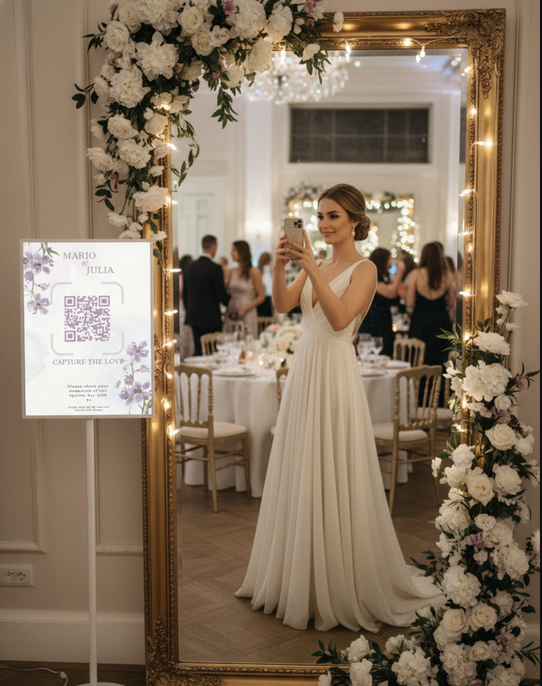 Guests having fun and taking photos at a wedding photo booth.